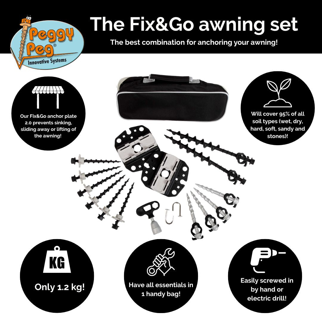 Fix&Go Peg&Stop awning set black • Set incl. bag (PP99BK) • Thule Omnistor, Dometic & Fiamma awning anchoring system (Obelink feet do not fit!)